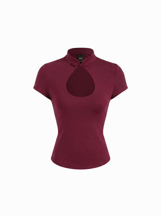 Mandarin Collar Short Sleeve Cut Out Top