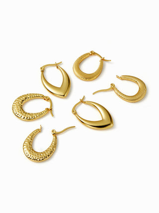 3 PAIRS TEXTURED STAINLESS STEEL HOOP EARRINGS SET