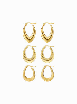 3 PAIRS TEXTURED STAINLESS STEEL HOOP EARRINGS SET