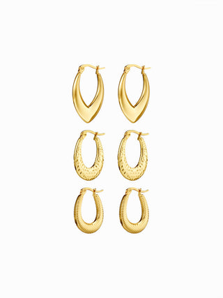 3 PAIRS TEXTURED STAINLESS STEEL HOOP EARRINGS SET