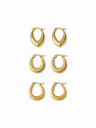 3 PAIRS TEXTURED STAINLESS STEEL HOOP EARRINGS SET