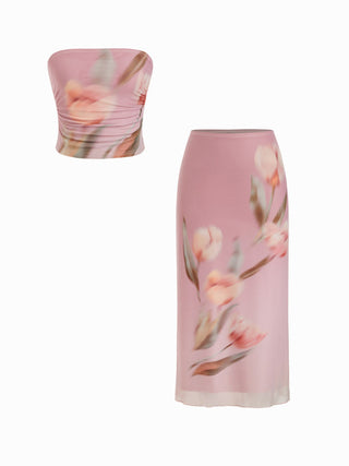 Mesh Floral Graphic Ruched Bandeau Top & Mid Rise Maxi Skirt Set