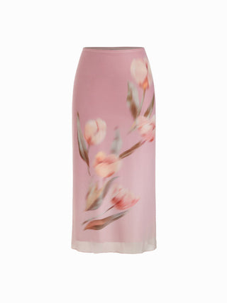 Mesh Floral Graphic Ruched Bandeau Top & Mid Rise Maxi Skirt Set