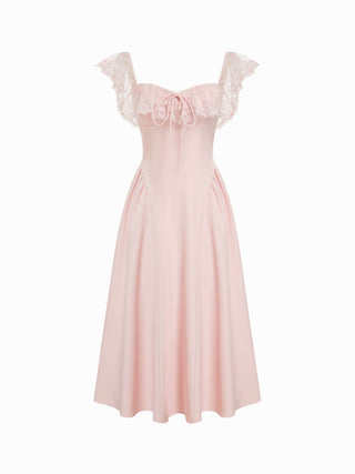 Lace Ruffle Sweetheart Neck Bowknot A-Line Midi Dress
