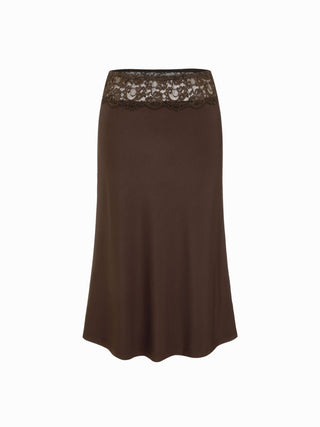 Satin Lace Mid Rise Waist Midi Skirt