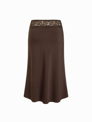 Satin Lace Mid Rise Waist Midi Skirt