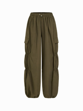 Mid Rise Ruched Drawstring Cargo Jogger Trousers