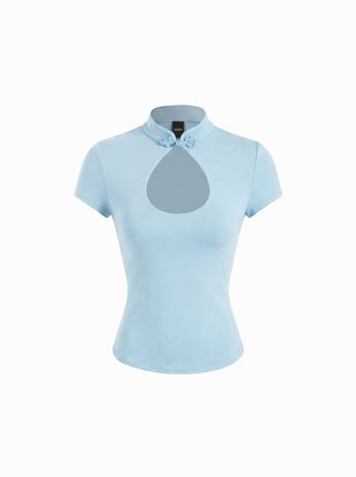 Mandarin Collar Short Sleeve Cut Out Top