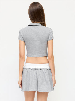 Cotton-blend Polo Neck Crop Top & Low Rise Ruffle Mini Skirt Set