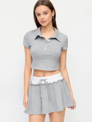 Cotton-blend Polo Neck Crop Top & Low Rise Ruffle Mini Skirt Set
