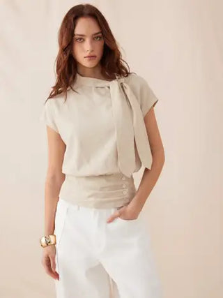 Linen-blend Striped High Neck Knotted Blouse With Scarf