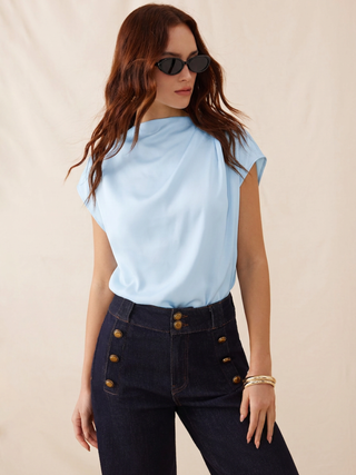 Satin Stand Collar Ruched Short Sleeve Bodysuit