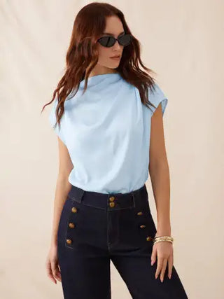 Satin Stand Collar Ruched Short Sleeve Bodysuit