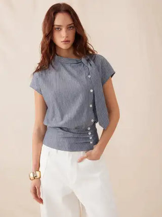 Linen-blend Striped High Neck Knotted Blouse With Scarf