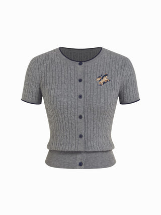 Embroidered Dog Cable Knit Button-Up Short Sleeve