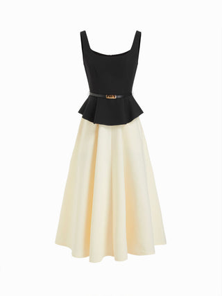 Cotton-blend Color-block Square Neck Peplum A-line Maxi Dress With Belt
