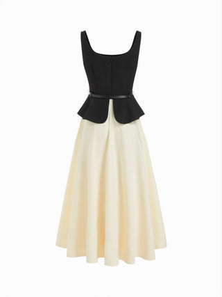 Cotton-blend Color-block Square Neck Peplum A-line Maxi Dress With Belt