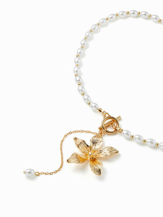 FLOWER & FAUX PEARL BEADED PENDANT NECKLACE