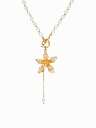 FLOWER & FAUX PEARL BEADED PENDANT NECKLACE
