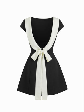 Colorblock Boat Neck Backless Bowknot A-line Mini Dress