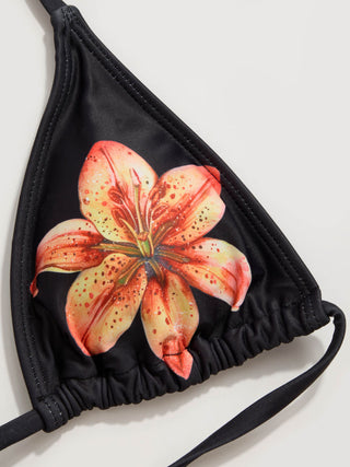 Halter Neckline Floral Triangle Tie Side Bikini Set With Cover Up Shorts