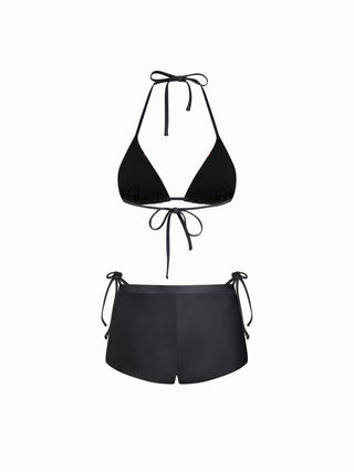 Halter Neckline Floral Triangle Tie Side Bikini Set With Cover Up Shorts