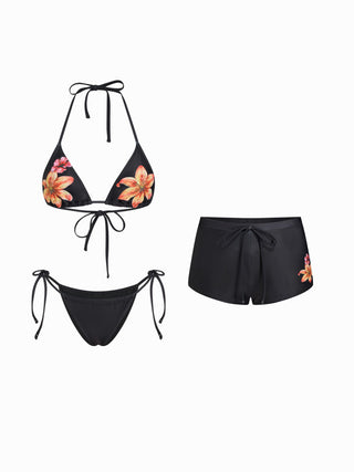 Halter Neckline Floral Triangle Tie Side Bikini Set With Cover Up Shorts