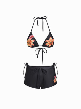 Halter Neckline Floral Triangle Tie Side Bikini Set With Cover Up Shorts