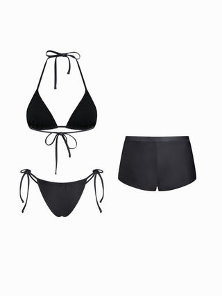 Halter Neckline Floral Triangle Tie Side Bikini Set With Cover Up Shorts
