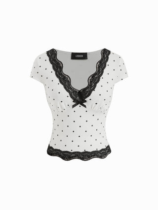 Cotton-blend Polka Dot V-neck Short Sleeve Lace Trim Bowknot Top