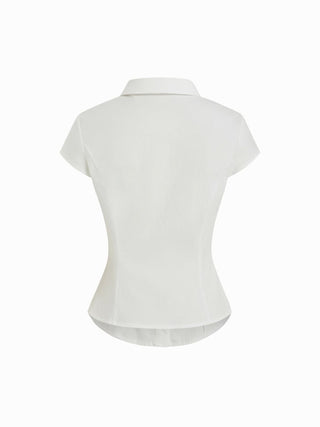 Cotton-blend Short Sleeve Pearl Detail Bowknot Blouse
