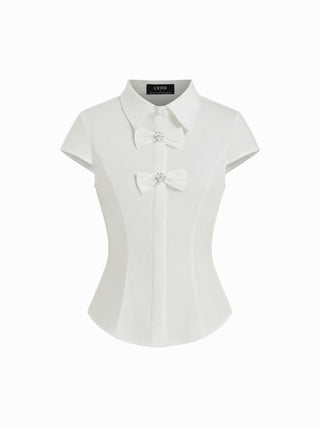Cotton-blend Short Sleeve Pearl Detail Bowknot Blouse