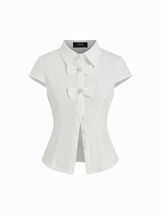 Cotton-blend Short Sleeve Pearl Detail Bowknot Blouse