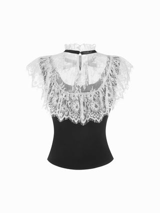 Stand Collar Contrast Lace Panel Bowknot Slim Tank Top