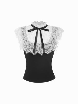 Stand Collar Contrast Lace Panel Bowknot Slim Tank Top