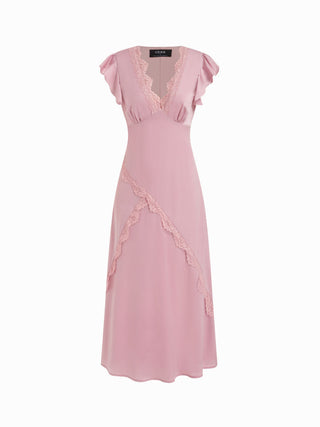 Satin V Neck Ruffle Sleeve Lace Maxi Dress
