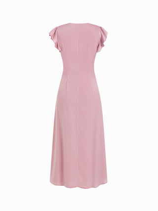 Satin V Neck Ruffle Sleeve Lace Maxi Dress