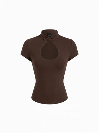 Mandarin Collar Short Sleeve Cut Out Top