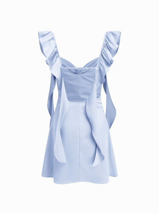 Satin Sweetheart Neck Ruffle Hem Backless Mini Dress