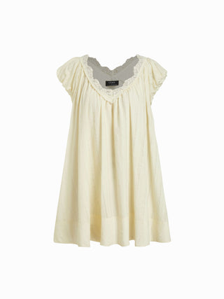 Textured V-neck Puff Sleeve Lace Trim Oversized A-line Mini Dress