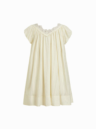 Textured V-neck Puff Sleeve Lace Trim Oversized A-line Mini Dress