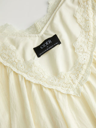 Textured V-neck Puff Sleeve Lace Trim Oversized A-line Mini Dress