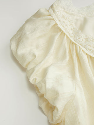 Textured V-neck Puff Sleeve Lace Trim Oversized A-line Mini Dress