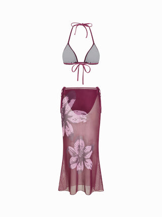 Halter Neckline Floral Triangle Tie Side 3 Piece Bikini Set