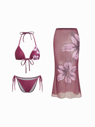 Halter Neckline Floral Triangle Tie Side 3 Piece Bikini Set