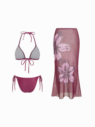 Halter Neckline Floral Triangle Tie Side 3 Piece Bikini Set