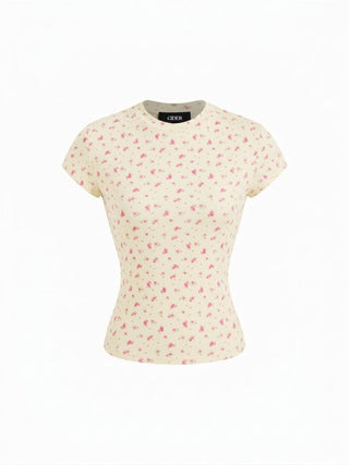 Cotton-blend Floral Round Neck Short Sleeve Tee
