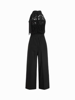 Cotton-blend Stand Collar Lace Panel Mid Rise Straight Leg Jumpsuit With Scarf
