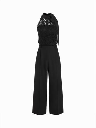Cotton-blend Stand Collar Lace Panel Mid Rise Straight Leg Jumpsuit With Scarf