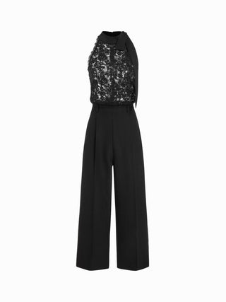 Cotton-blend Stand Collar Lace Panel Mid Rise Straight Leg Jumpsuit With Scarf